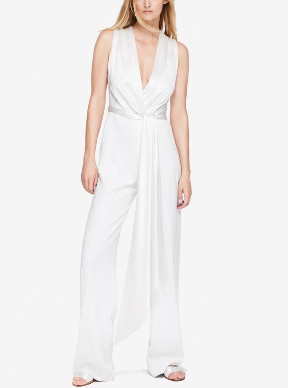 Jonathan Simkhai Plunge Neck Jumpsuit Womens 2 White Satin & Crepe Sleeveless